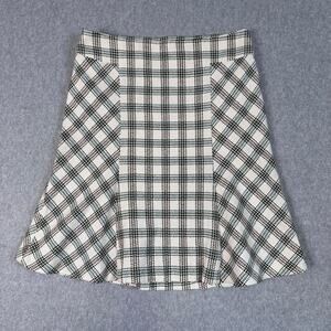 Ann Taylor Loft Plaid Skirt WMNS 10 Ivory/Teal/Brown Flared Trumpet Mini Office